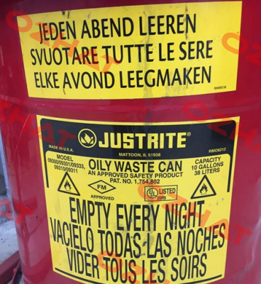 Both labels for OILY WASTE CAN PAT.NO. 1,754,802  Justrite