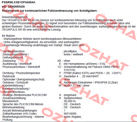 PSSR68.XXE1OFHAMAK (VEGAPULS SR 68) Vega