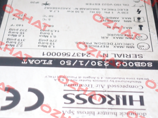 Type : SGB009 230/1/50 FLOAT  S/N: 2437560001 obsolete / SPE009-A2301DF16TIS alternative Hiross