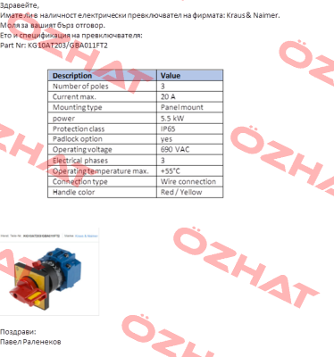 KG10AT203/GBA011FT2 OEM, alternative KG10A T203/03 FT2 Kraus & Naimer