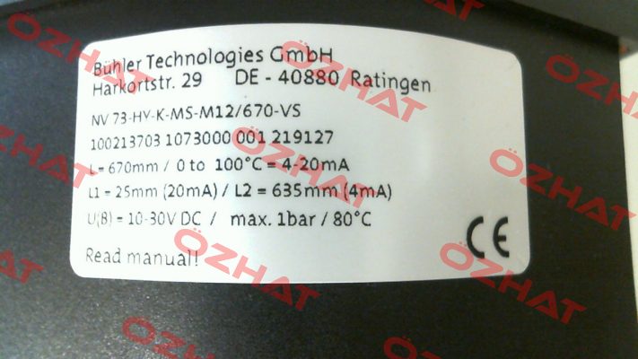 P/N: Q11008002 1073000, Type: NV73-HY-K-MS-M12/670-VS Bühler Technologies